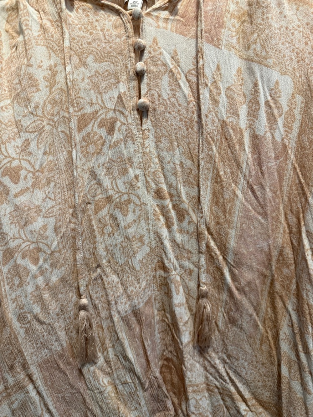 Wonderly Cream & Tan Boho Tie-Front Peasant Blouse - Picture 4 of 7